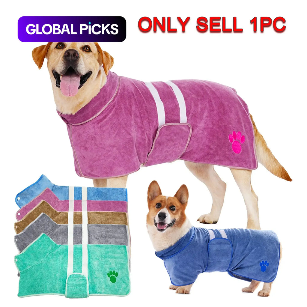 Quick-Drying Dog Bathrobe, 1 Count Embroidered Terry Pet Bathrobe Dressing Gown with Adjustable Belly Band, Super-Absorbent Super-Soft Fabric Paw Embroidery Craftsmanship #GLOBAL PICKS